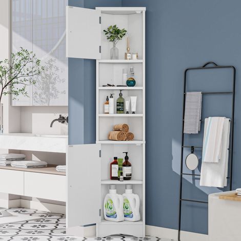 Meuble de salle de bain d’angle moderne en MDF laqué blanc, 2 portes, 3 niches ouvertes, étagères réglables, 37 x 24,5 x 170 cm (1/5)