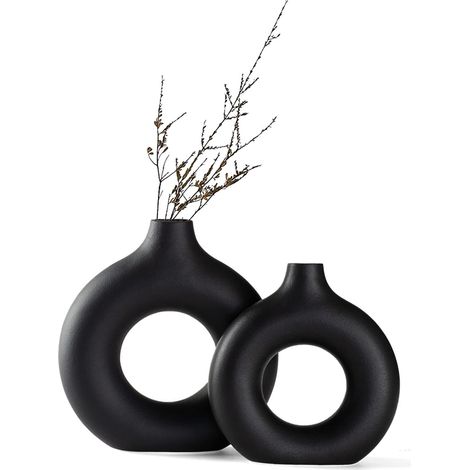 Lot de 2 vases céramique donut noir mat, minimaliste nordique pour pampa (grand+petit)