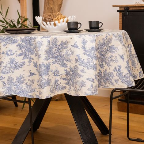 Nappe ronde toile de Jouy plastifiée Bleu 150x150 cm (1/2)