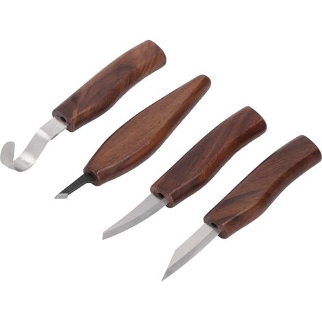 Ensemble de 4 outils de sculpture sur bois avec pierre à aiguiser, cuir à aiguiser et manche en noyer, idéal pour les projets de travail du bois. (1/5)