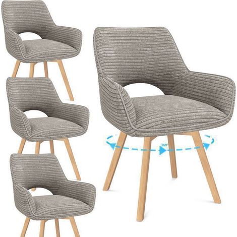 Lot de 4 chaises de salle à manger pivotantes – Accoudoirs ergonomiques – Assise en velours taupe – Structure métallique et pieds en bois massif