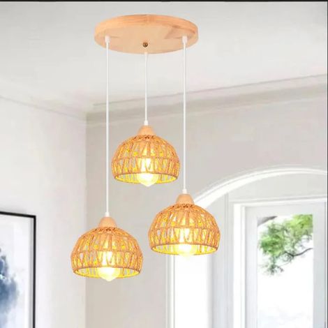 Lampe Suspension Vintage Lustre Industriel en Bois Rotin Brun Cage Abat-jour Lampe de Plafon Rétro pour Salon Chambre (1/5)