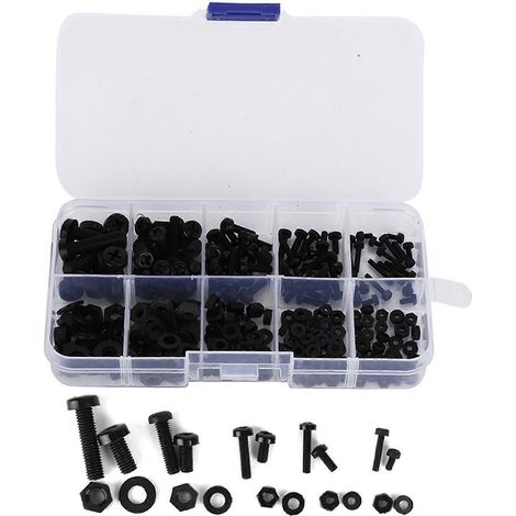 Kit d'assortiment de 270 vis, écrous et rondelles en nylon M2/M2.5/M3/M4/M5 (noir)