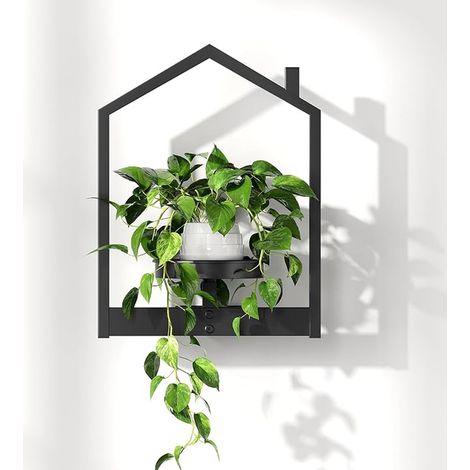 HOOBRO Plant Stand Wall Plant Shelf Removable Saucer Small House Shaped Metal Stand Indoor Outdoor Sheltered Decoration Black EBK08HJ01 (1/4)