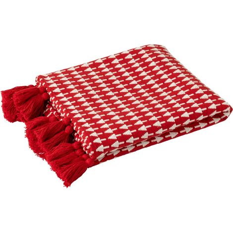 Plaid à Pompons "Sapin de Noël" 130x180cm Rouge (1/2)