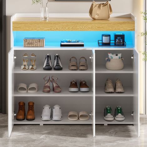 Buffet / Meuble à chaussures avec éclairage LED, 3 portes, motif ondulé, étagère ouverte et tablettes réglables, dimensions L105 x H90,5 x P35 cm (1/5)