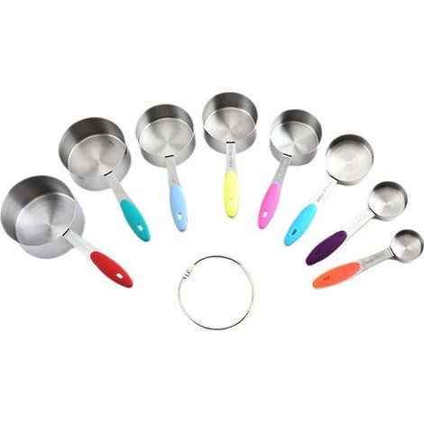 Ensemble de 8 tasses à mesurer colorées en acier inoxydable pour les grammes et les millilitres, idéal pour la pâtisserie. (1/4)