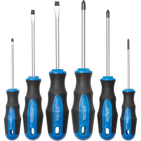 BRAVIX Jeu de 6 tournevis plats et cruciformes avec pointe magnétique, poignée de coussin professionnelle