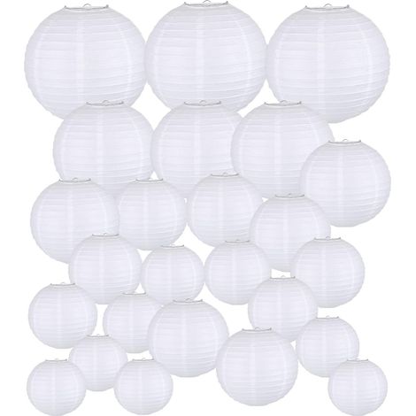 Lampion Papier - 30 Pièces - Blanc - Rond - Suspendu - Mariage Fête - 10cm à 30cm (1/5)