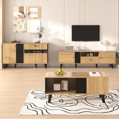Ensemble de meubles de salon – table basse, meuble TV et buffet – design moderne en bois et noir – grand espace de rangement, élégant et raffiné, adapté à différents styles d'intérieur. (1/5)
