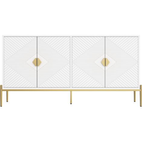 Modernes weißes Sideboard 162 x 40 x 80 cm mit geometrischen Türen und goldfarbenen Metalldetails (1/5)