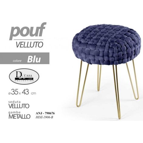 2x Poufs aus blauen Samt mit goldener Struktur, Maße 35 x 43 cm h