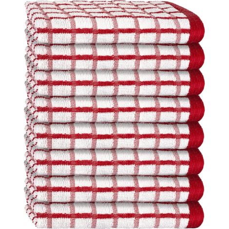 Lot de 8 torchons de cuisine en coton éponge 410 g/m² – 40 x 66 cm, rouges, avec boucle de suspension