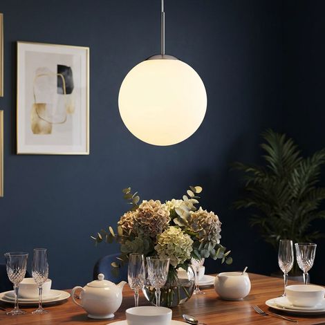 Kugelleuchte Pendellampe Hängeleuchte Pendelleuchte Esstischlampe Esszimmer, Kugelform Metall Glas satiniert weiß opal nickel, 1x E27, DxH 25x180 cm