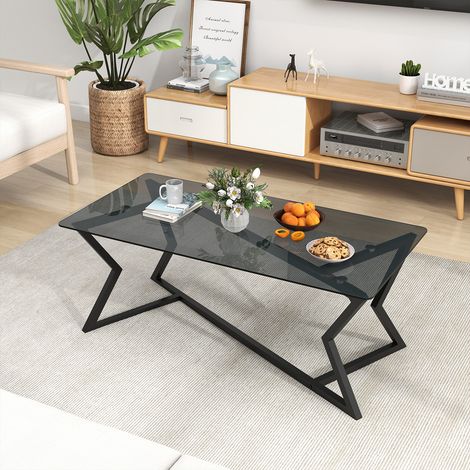 Table basse rectangulaire en verre trempé avec structure métallique et pieds réglables pour salon bureau et petit espace (1/5)