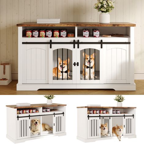 Jaula para perros, armario para jaula de perros interior, con puerta corredera y cerradura, separador medio extraíble, mueble de TV, tapa de mesa marrón vintage, blanca, 153 x 60 x 85 cm (1/5)