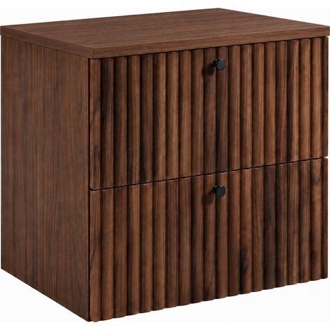 Meuble sous-vasque suspendu 60 cm, 2 tiroirs, avec plan de travail, Chêne noyer / Plan chêne noyer, poignées noires, 60 x 44,4 x 58,6 cm (1/5)
