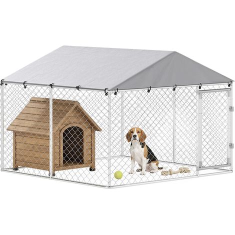Recinto per Cani da Esterno in Acciaio Zincata con Tetto in PE, Anti-UV, Impermeabile, Doppia Chiusura, Argento