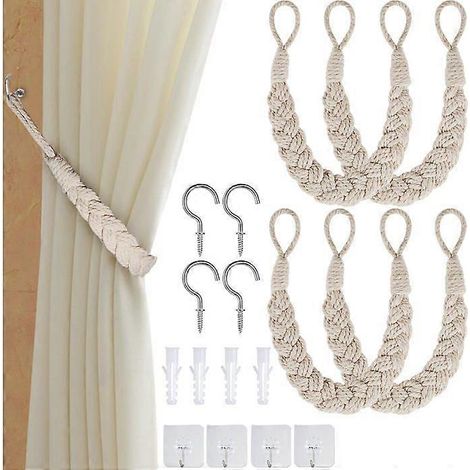 Embrasses de rideaux tissées à la main, attaches de rideaux à boucles, 2 embrasses de rideaux en corde de coton avec 2 crochets métalliques, blanc cassé. (1/5)