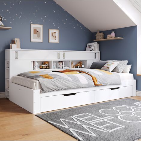 Lit en MDF blanc 135x190 cm avec tiroirs, rangements et étagères (1/5)