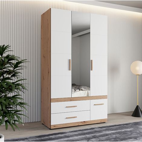 Guardaroba 3 Ante Yelapa, Armadio Camera da Letto Appendiabiti, 3 Cassetti, 2 Ripiani, 117x52 cm Bianco Opaco (1/5)