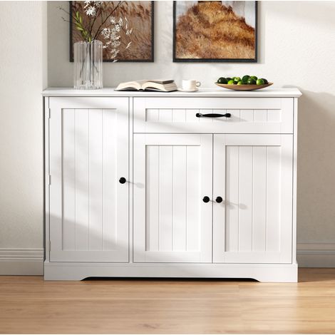 Credenza 107x40x84 cm in MDF con 3 ante e 1 cassetto, portaspezie per sala da pranzo, bianca (1/5)
