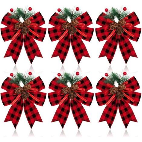 Lot de 6 nœuds de Noël, nœuds en ruban à carreaux avec pommes de pin, décorations pour sapin de Noël