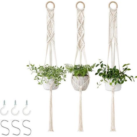 3 suspensions pour plantes en macramé, avec crochets inclus, paniers suspendus décoratifs pour intérieur et extérieur jardin