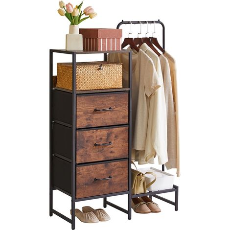 Commode avec 3 Tiroirs en Tissu 3 en 1, Commode en Tissu avec étagère, Porte-Manteau avec étagère à Chaussures pour Chambre, Salon, Couloir, Bureau, Marron Rustique YD-TM081H (1/5)