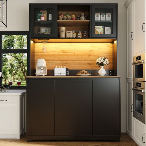 MEUBLIV Buffet de cuisine 120x40x180 cm noir – portes acryliques, LED et rangement (1/5)