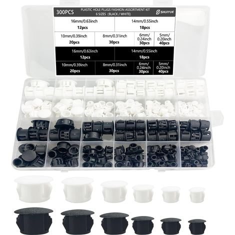 300 PièCes Bouchon Couvercle de Trou en Plastique, 6 Tailles, Bouchon de Trou EncastréS Verrouillable, Bouchon Trou de Vis pour Meubles Tube de Trou Verrouillage (Petit, Noir+Blanc) (1/5)