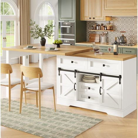 Meuble de cuisine 2-en-1 avec table à manger extensible, blanc, MDF HAVRYA (1/5)