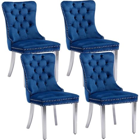 Lot de 4 chaises de salle à manger en velours bleu, pieds inox argentés (1/5)