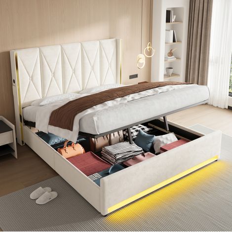 Cama doble con almacenaje USB LED beige OKMYHOME (1/5)