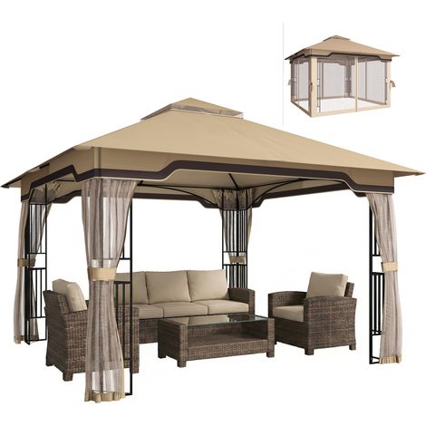 Outsunny 3.3 x 3.3 m Garden Gazebo with Shelves, UPF50+ Permanent Gazebo