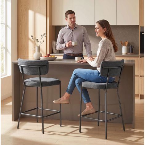 Taburete de bar de poliéster gris, set de 2, con respaldo curvado y reposapiés,53×49×93cm (1/5)