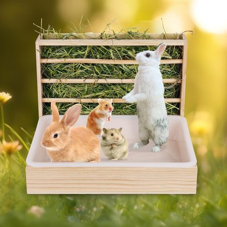 2 in 1 Hay Rack, Wooden Food Dispenser with Cat Litter Tray, Hamster Hay Rack, Automatic Hay Dispenser (1/5)