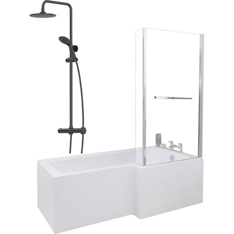 1700mm Bathroom L Shaped Bath Mixer Shower Screen RH White with Front & End Panel (1/5)