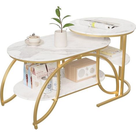 Tavolino Basso - Marmo Bianco - Doppio Piano - Piedi Dorati - 80x46cm o Ø52cm (1/5)