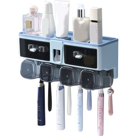 Porte-brosses à dents mural, bleu, 4 emplacements, sans perçage, porte-gobelets pour bain de bouche pour salle de bain (1/4)