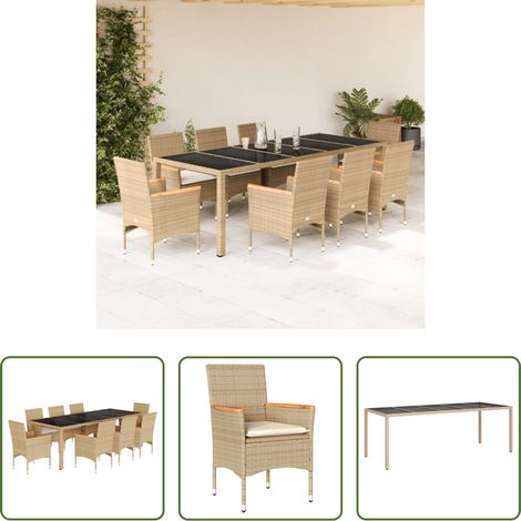 Gartenessgruppe - 9-tlg. Garten-Essgruppe mit Kissen Beige Poly Rattan Glas (1/5)