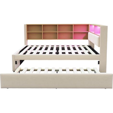 Sofá cama multifunción beige 140 x 200 cm con cama nido 90 x 190 cm LED USB (1/5)