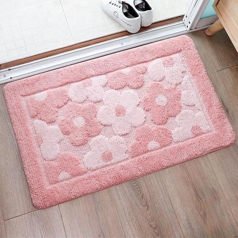 Tapis de Sol pour Salle de Bain, Mignon Doux et Épaississant Coussin de Fleurs de Cerisier de Fibres Ultrafines Salle de Bain Rose (1/4)