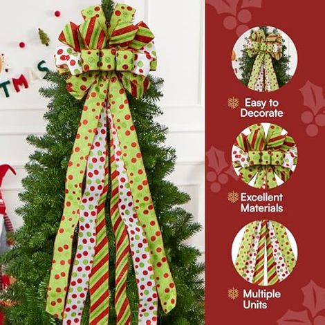 45 Inch Large Christmas Tree Bow Red Green Polka Dot Christmas Tree Bow for Party Decoration Indoor Christmas Tree Decoration (1/4)