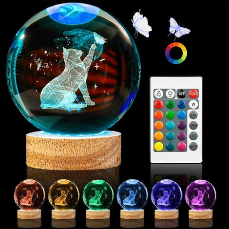 Veilleuse 3D en forme de chat en forme de boule de cristal - Figurines de chat de 8 cm - Boule de verre 7 couleurs - Cadeaux liés aux chats avec base lumineuse en bois (1/5)