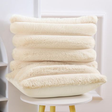 Set di 2 fodere per cuscini in pelliccia sintetica, morbide fodere decorative a righe per divano o camera da letto, beige, 30 x 50 cm (1/4)