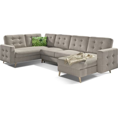Canapé d'angle panoramique convertible HASGARD U 326 cm sable avec coffre
