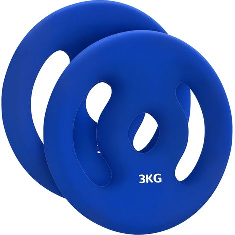 Ensemble de 2 disques de poids 2 x 3 kg pour barres Ø 2,5 cm avec poignées en métal, idéal pour l'haltérophilie, couleur bleue (1/5)