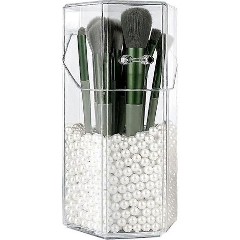 Sechseckige Aufbewahrungsbox aus Acryl und staubdichte Aufbewahrungsbox, Aufbewahrungsbox, Stiftehalter, Aufbewahrung für Make-up-Pinsel, Eyeliner, Lippenstift usw. (mit Perlen)