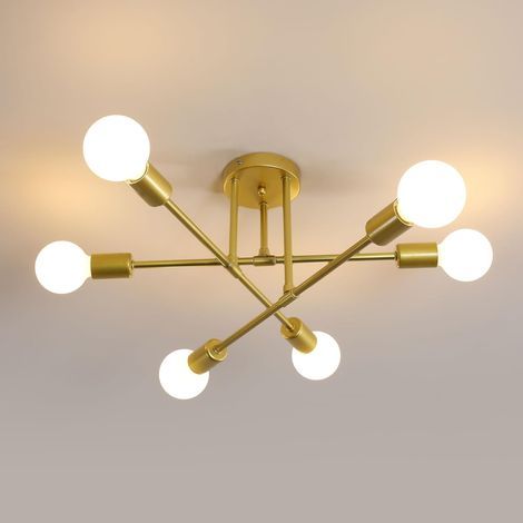 Lampadario vintage industriale in metallo con 6 luci, attacco E27, adatto per soggiorno, camera da letto, cucina, ecc., colore oro, lampadina non inclusa. (1/5)